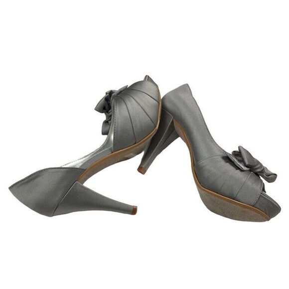 Davids Bridal Maribelle Bow Peep Toe Heel Womens Size 7M Silver Wedding Cocktail - Picture 5 of 9